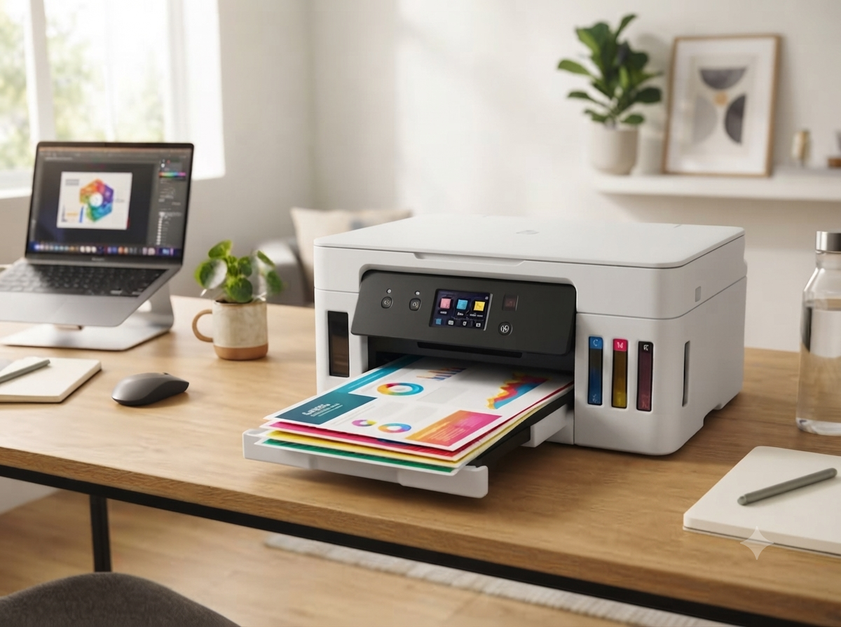 A sleek modern all-in-one printer with crisp printed colorful documents coming out, set on a clean modern office desk with soft natural light